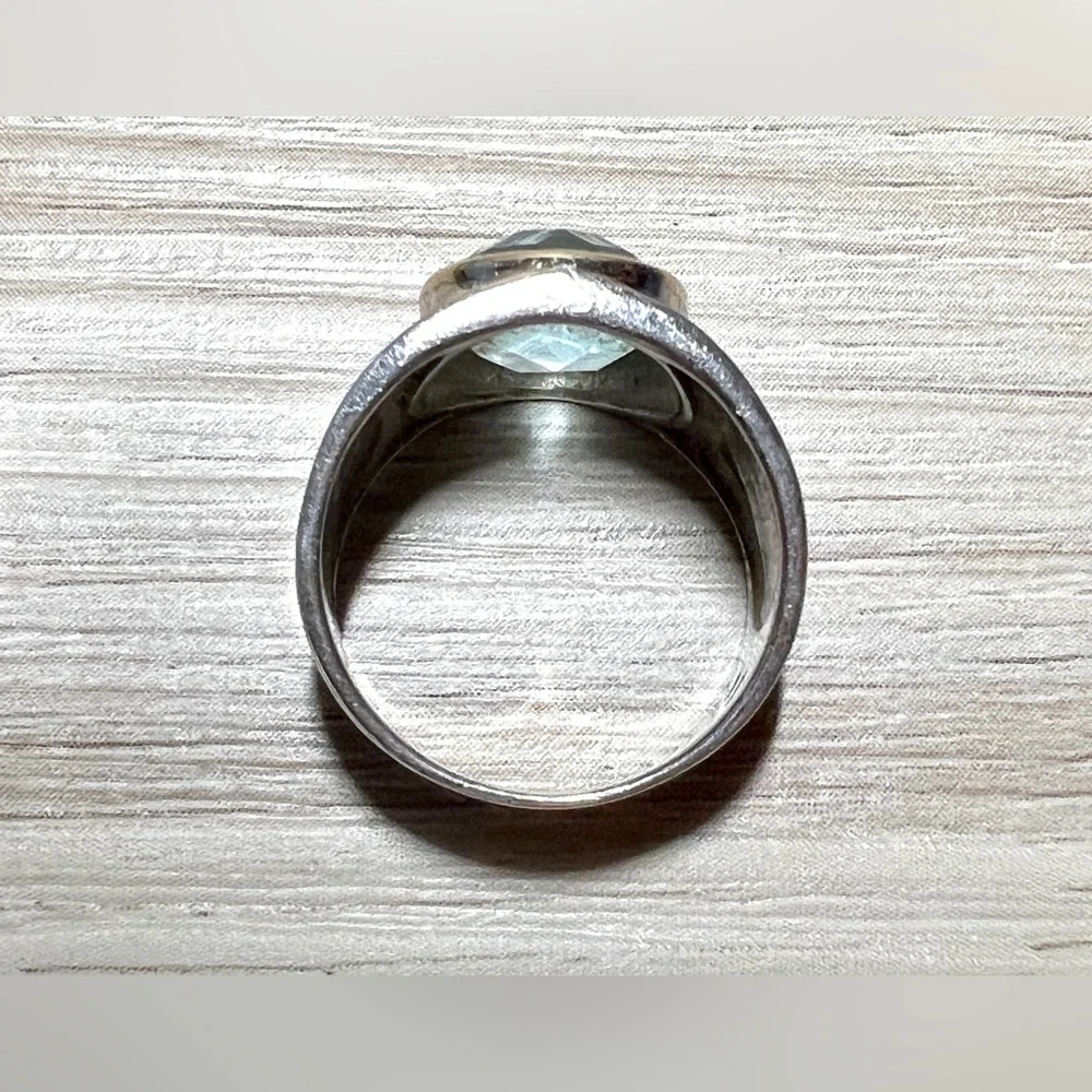 Vintage Designer Signed ATR Sterling Silver & 14K Gold Blue Topaz Ring, Size 6.5